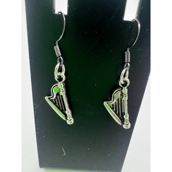 Handmade Harp Charm Earrings Silver Toned Dangle Gift Stocking Stuffer Music New - Picture 2 of 4